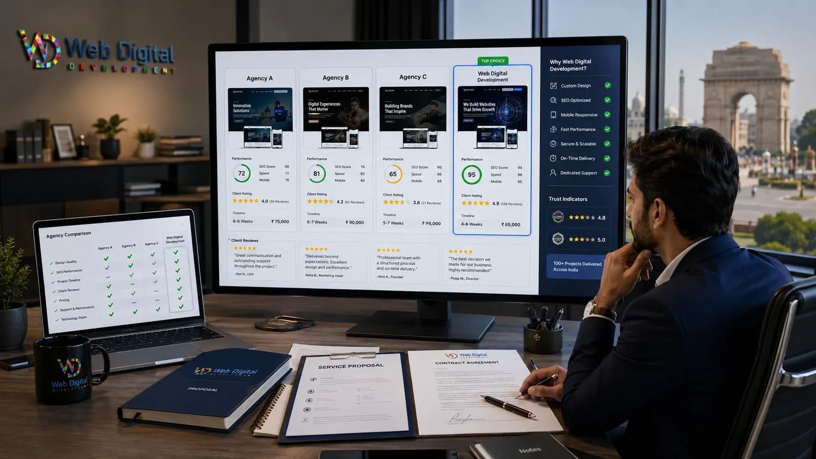 Checklist for choosing the best website development company — evaluating portfolio, tech stack, pricing, and support