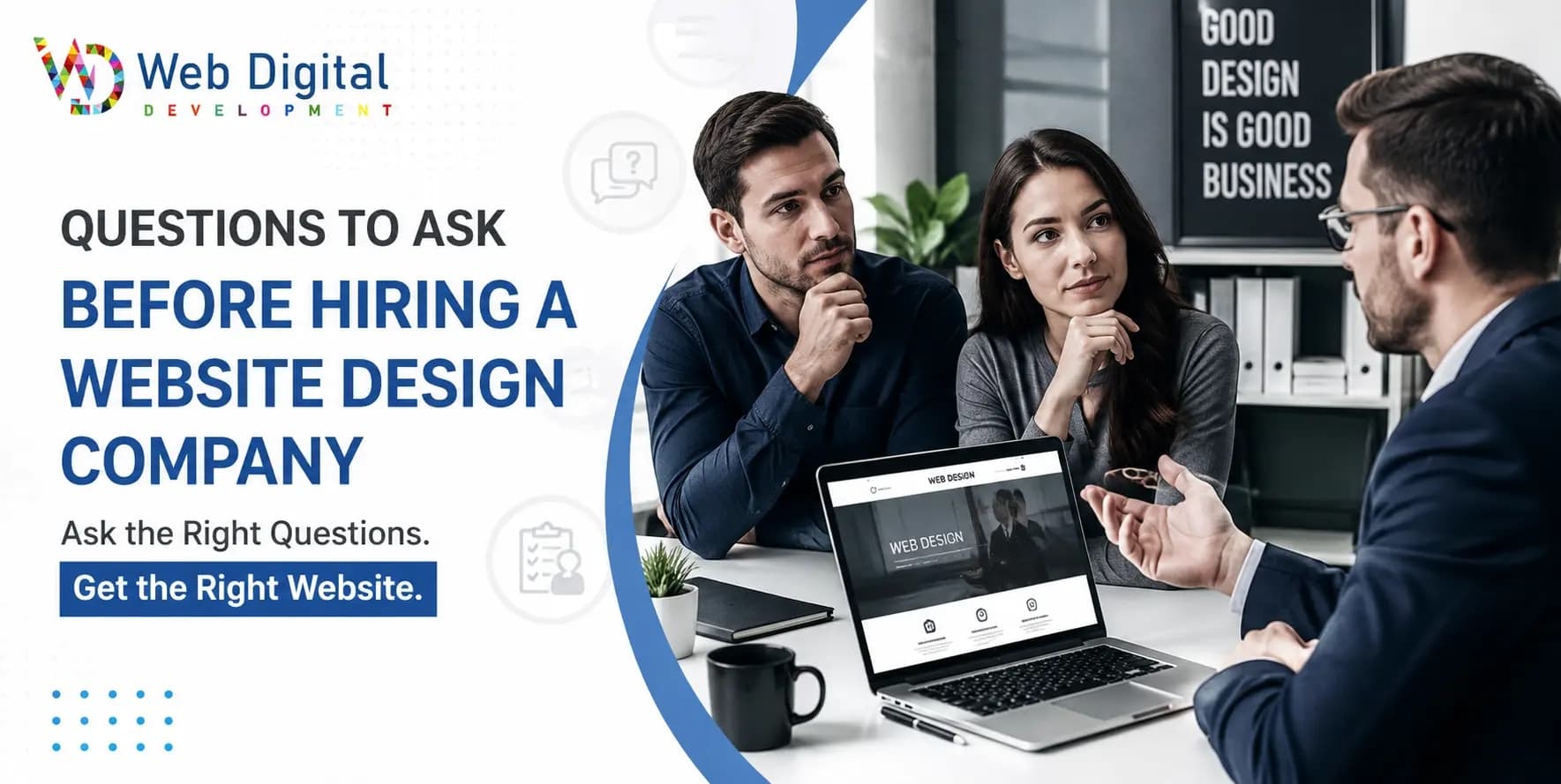 Business owner asking questions before hiring a website design company during an agency meeting