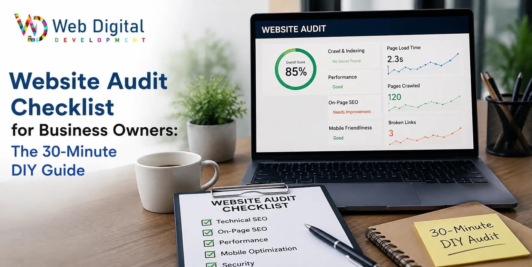 Website audit checklist for business owners — reviewing site speed, SEO, and mobile scores on a laptop
