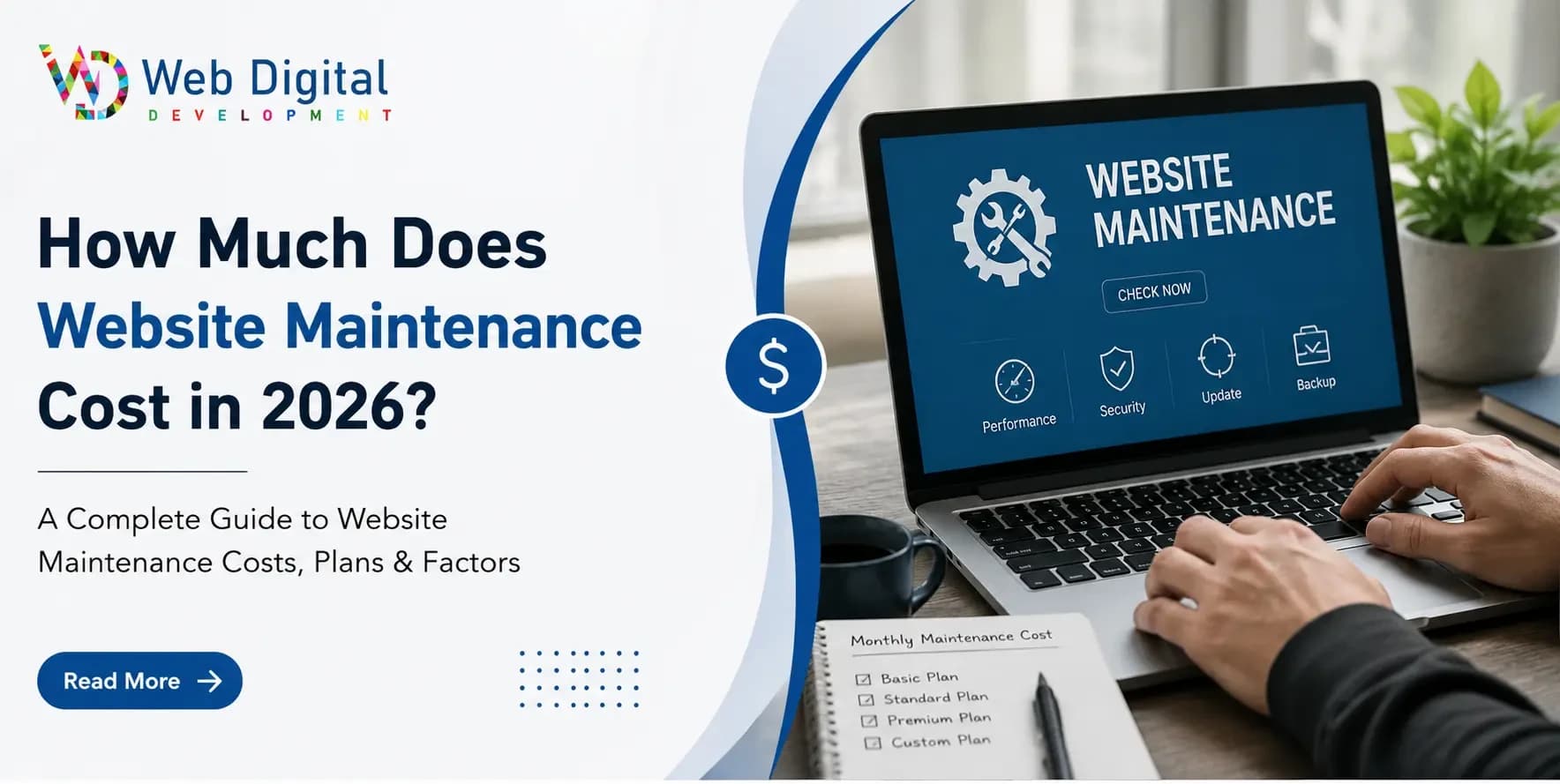 Website maintenance cost in 2026 — developer reviewing a site health dashboard and monthly maintenance bill